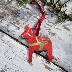 Folk art red wooden Dala horse hanging ornament