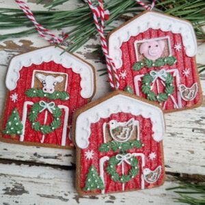 Set of 3 iced gingerbread barns with farm animals Christmas tree ornaments by Gisela Graham