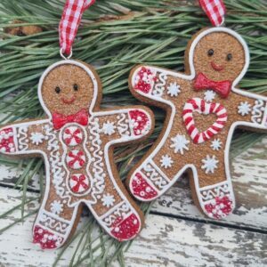 Set of 2 large gingham gingerbread man Christmas tree ornaments