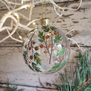Clear glass Christmas bauble with copper acorns and oak leaves by Gisela Graham