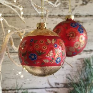 Set of 2 red/gold Folk Art floral glass baubles by Gisela Graham