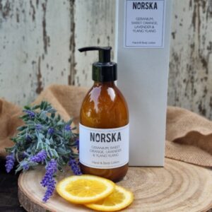 NORSKA aromatherapy hand and body lotion in glass apothecary bottle 250ml -  lavender, geranium, sweet orange, ylang ylang