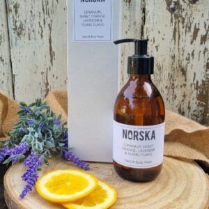 NORSKA aromatherapy hand and body wash in glass apothecary bottle 250ml  - lavender, geranium, sweet orange, ylang ylang