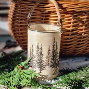 Tall forest scene glass lantern with rope handle
