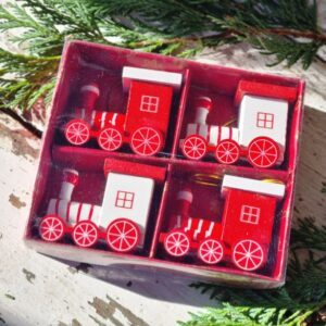 Set of 4 red and white Scandi wooden train hanging Christmas decorations