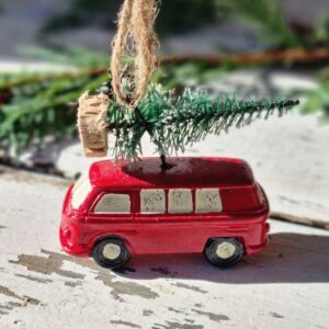 Red VW T1 split screen campervan and Christmas tree hanging ornament