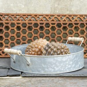 Round large zinc tray with wooden handles