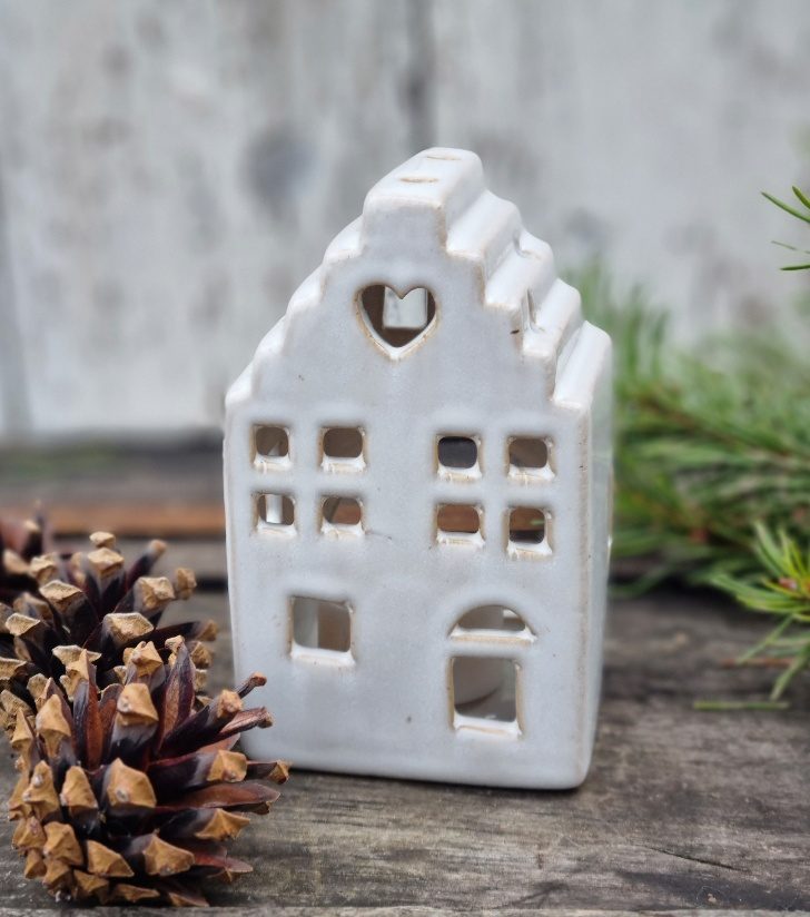 Dainty grey Nordic house tealight holder, 11cm Scandinavian boutique