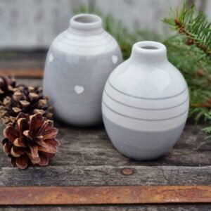 Set of 2 heart and stripe grey Nordic ceramic bud vases