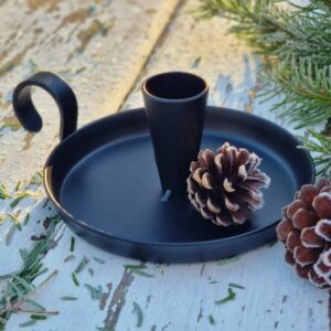 Black Swedish iron taper candle holder with handle