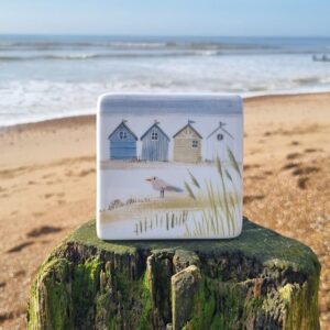 Coastal shoreline "beach huts" bone china coaster by Gisela Graham