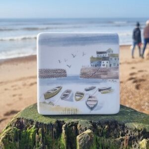 Coastal shoreline "harbour" bone china coaster by Gisela Graham
