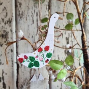 Strawberry white wooden goose Easter tree decoration by Gisela Graham