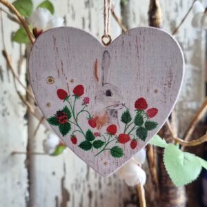 Strawberry and bunny white wooden heart Easter tree decoration by Gisela Graham