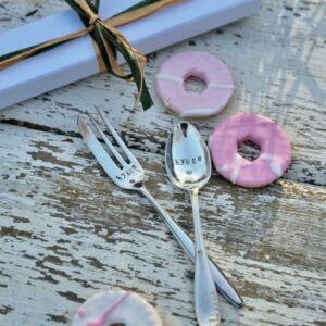 Hyggestyle hand-stamped "hygge" vintage silver teaspoon and pastry fork gift set