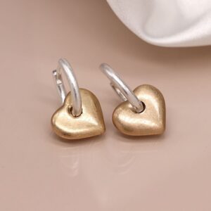 "Siri" silver plated worn hoop and chunky golden heart earrings