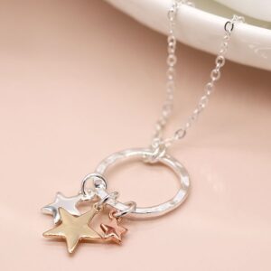 "Mina" silver plated necklace with triple stars and hammered hoop