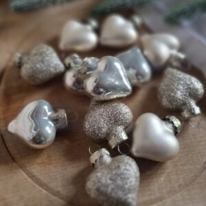 Set of 12 antique gold heart glass Christmas baubles