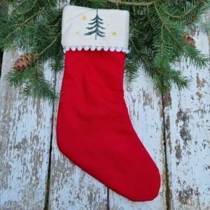 Red and cream embroidered Christmas stocking by Gisela Graham