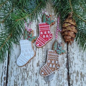 Set of 3 Nordic stocking Christmas tree ornaments by Gisela Graham