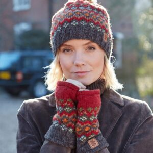 Charcoal Shetland fairisle knitted hygge lined winter wristwarmers