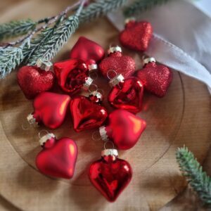Set of 12 red heart glass Christmas baubles