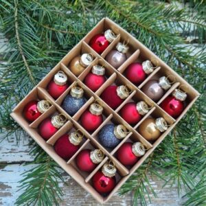 Set of 16 mini glass red, gold and grey vintage Christmas tree baubles
