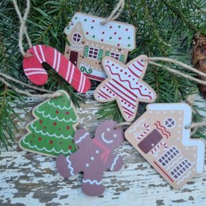 Set of 6 wooden gingerbread house decorations