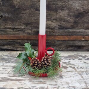 Red Swedish enamel iron Wee-Willie-Winkie candle stick with handle