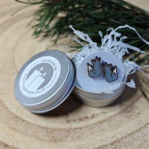 Handmade Hyggestyle little grey folk art wolf wooden earrings with gift tin