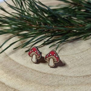 Handmade Hyggestyle red and white folklore fly agaric toadstool wooden earrings with gift tin