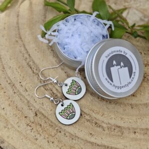 Handmade Hyggestyle wooden hygge folk art Scandi earrings with gift tin - meadow flowers, sage and pink
