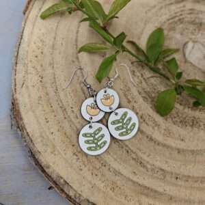 Handmade Hyggestyle wooden hygge folk art Scandi earrings with gift tin -  double drop meadow flowers, mustard and grey