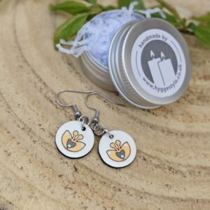 Handmade Hyggestyle wooden hygge folk art Scandi earrings with gift tin - single drop meadow flowers, mustard and grey