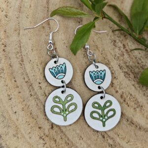 Handmade Hyggestyle wooden hygge folk art Scandi earrings with gift tin - double drop meadow flowers, turquoise