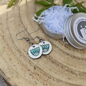Handmade Hyggestyle wooden hygge folk art Scandi earrings with gift tin - single meadow flowers, turquoise