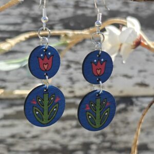Handmade Hyggestyle wooden hygge folk art Scandi earrings with gift tin - blue and red tulips