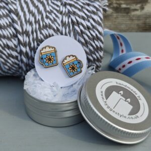 Handmade Hyggestyle little wooden Scandi earrings with gift tin - blue and yellow mug of cocoa