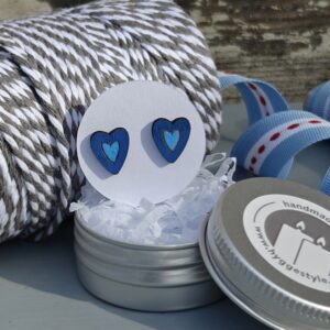Handmade Hyggestyle wooden hygge folk art Scandi ear studs with gift tin - blue hearts