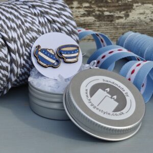 Handmade Hyggestyle little wooden Scandi earrings with gift tin - blue and white teacup and teapot