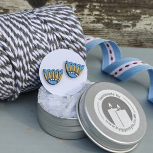 Handmade Hyggestyle wooden hygge folk art Scandi ear studs with gift tin - meadow flowers, blue and yellow