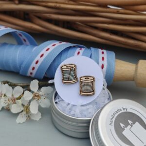 Handmade Hyggestyle little wooden Scandi earrings with gift tin - blue cotton reel and needle