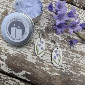Handmade Hyggestyle wooden hygge folk art Scandi ear studs with gift tin - dangly bluebells