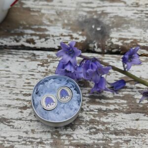 Handmade Hyggestyle wooden hygge folk art Scandi ear studs with gift tin - bluebells