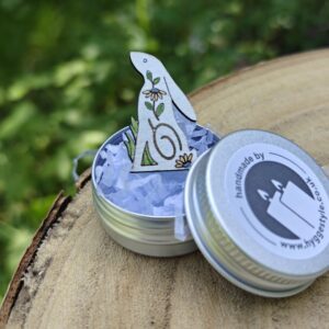 Handmade Hyggestyle wooden hygge folk art Scandi brooch pin with gift tin - dangly summer moon-gazing hare