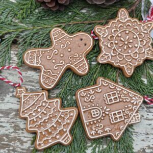 Set of 4 ceramic gingerbread Christmas tree ornaments by Gisela Graham