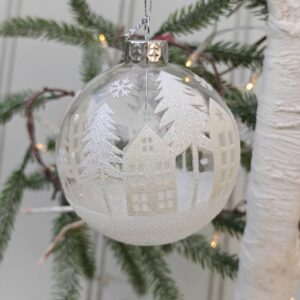 Clear white snowy fir tree and Scandi house Christmas glass bauble by Gisela Graham