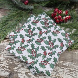 Green holly and red berries Christmas paper napkins; for dining, crafts and decoupage