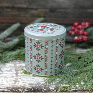 Alpine pale blue and red folk art Christmas chocolate gift tin by Gisela Graham