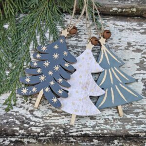 Set of 3 Scandinavian wooden green and gold Christmas tree decorations with bell, Gisela Graham